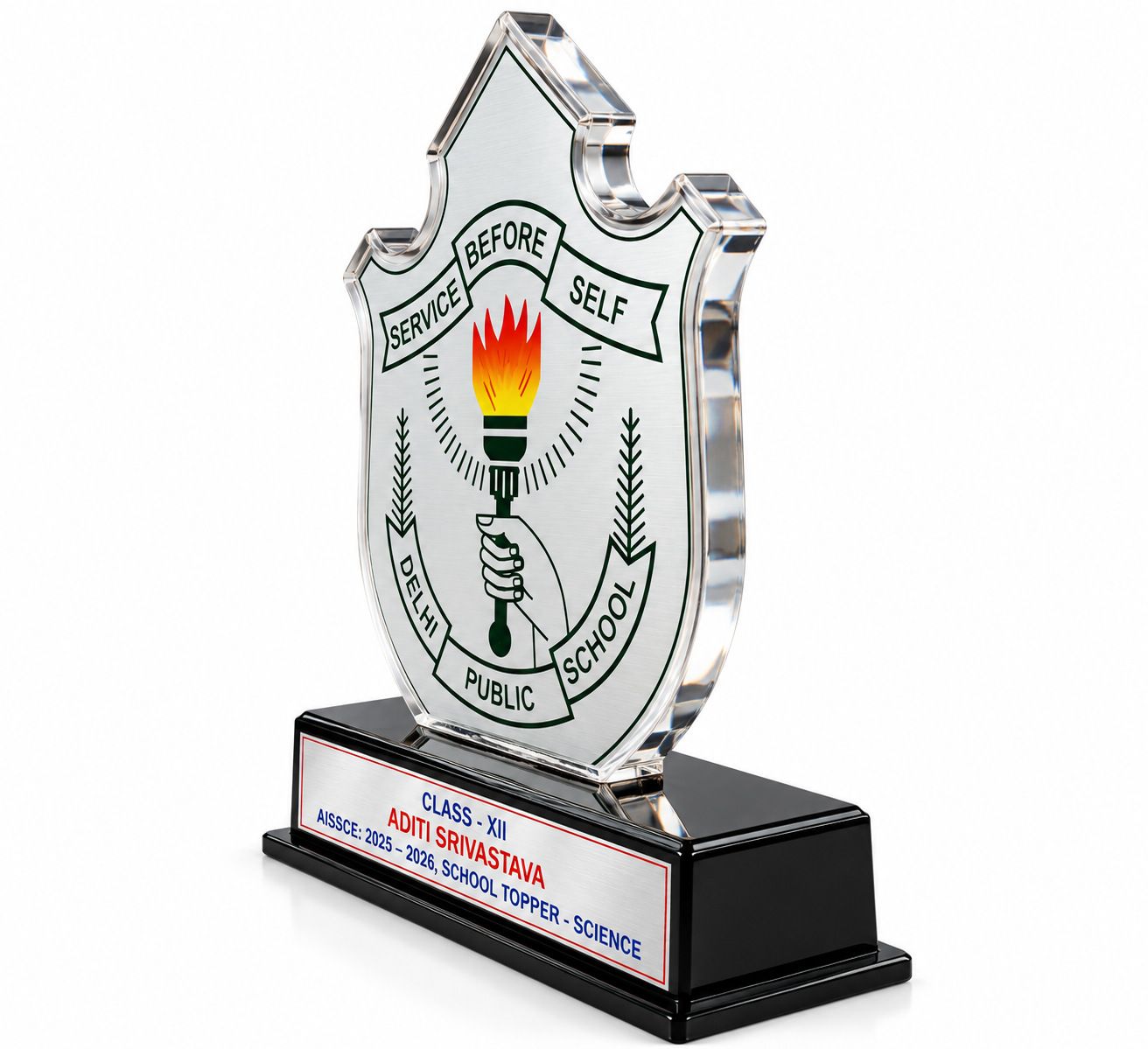 Customized school topper trophy with shield design and black base