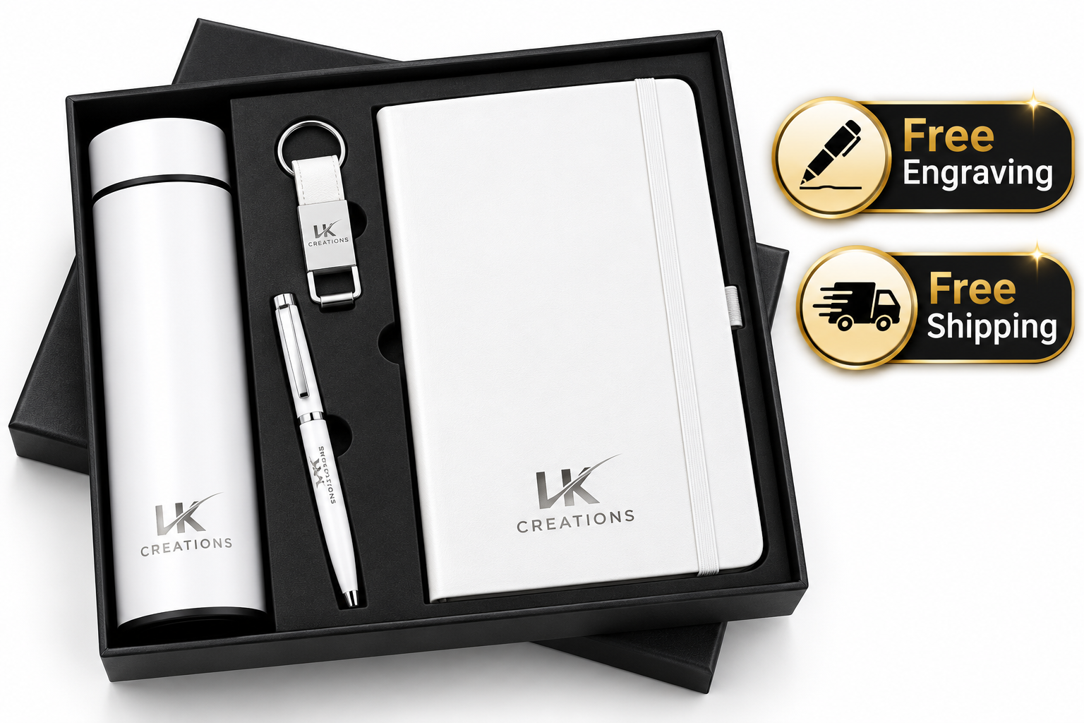Personalized corporate gift set with white bottle, diary, pen, and keychain
